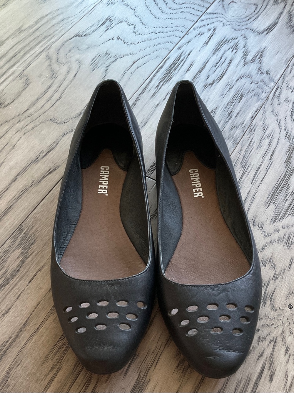 Camper Black Leather Ballet Flats with Perforated Toe